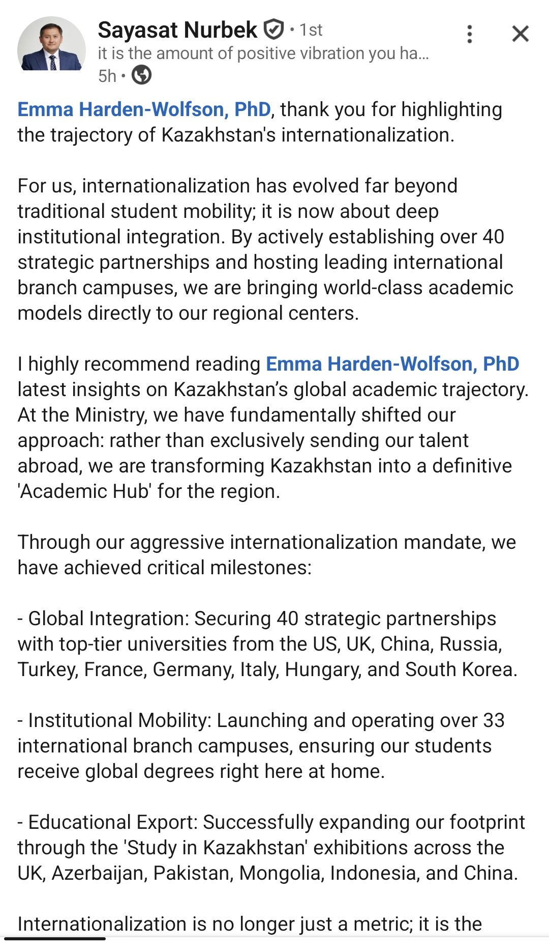 Nurbek LinkedIn post